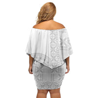 Niue White Sunday Off Shoulder Short Dress Half Hiapo Pattern Vibes - Polynesian Pride