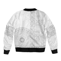 Niue White Sunday Sleeve Zip Bomber Jacket Half Hiapo Pattern Vibes - Polynesian Pride