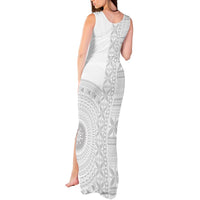 Niue White Sunday Tank Maxi Dress Half Hiapo Pattern Vibes - Polynesian Pride