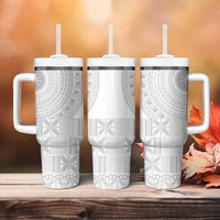 Niue White Sunday Tumbler With Handle Half Hiapo Pattern Vibes - Polynesian Pride