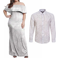 Tapu Fanau Ia Niue Couples Matching Off Shoulder Maxi Dress and Long Sleeve Button Shirt Happy White Sunday Unique Hiapo - Polynesian Pride