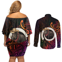 Vanuatu Boar Cowboy Couples Matching Off Shoulder Short Dress and Long Sleeve Button Shirt Tusk Gradient Polynesian Pattern - Polynesian Pride
