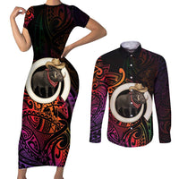 Vanuatu Boar Cowboy Couples Matching Short Sleeve Bodycon Dress and Long Sleeve Button Shirt Tusk Gradient Polynesian Pattern - Polynesian Pride