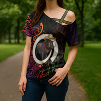 Vanuatu Boar Cowboy Cross Shoulder Shirt Tusk Gradient Polynesian Pattern - Polynesian Pride