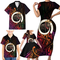 Vanuatu Boar Cowboy Family Matching Short Sleeve Bodycon Dress and Hawaiian Shirt Tusk Gradient Polynesian Pattern - Polynesian Pride