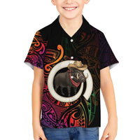 Vanuatu Boar Cowboy Family Matching Short Sleeve Bodycon Dress and Hawaiian Shirt Tusk Gradient Polynesian Pattern - Polynesian Pride