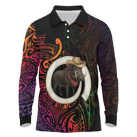 Vanuatu Boar Cowboy Long Sleeve Polo Shirt Tusk Gradient Polynesian Pattern - Polynesian Pride