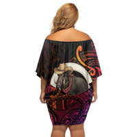 Vanuatu Boar Cowboy Off Shoulder Short Dress Tusk Gradient Polynesian Pattern - Polynesian Pride