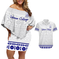 Personalised Fiji Labasa College Couples Matching Off Shoulder Short Dress and Hawaiian Shirt Fijian Tapa Pattern LT14 White - Polynesian Pride