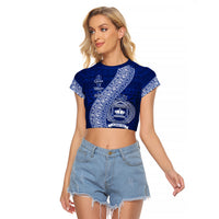 Personalised Fiji Queen Victoria School Raglan Cropped T Shirt Fijian Tapa Pattern LT14 Female Blue - Polynesian Pride