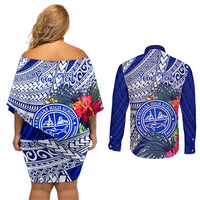 Personalised Samoana High School Couples Matching Off Shoulder Short Dress and Long Sleeve Button Shirt American Samoa Schools Polynesian Tropical Flowers LT14 - Polynesian Pride