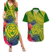 Personalised Leone High School Couples Matching Summer Maxi Dress and Hawaiian Shirt American Samoa Schools Polynesian Tropical Flowers LT14 Green - Polynesian Pride