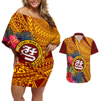 Personalised Tafuna High School Couples Matching Off Shoulder Short Dress and Hawaiian Shirt American Samoa Schools Polynesian Tropical Flowers LT14 Maroon - Polynesian Pride