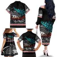 Personalised New Zealand Waka Family Matching Off Shoulder Long Sleeve Dress and Hawaiian Shirt Aotearoa Maori Silver Fern Pattern LT14 - Polynesian Pride