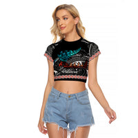Personalised New Zealand Waka Raglan Cropped T Shirt Aotearoa Maori Silver Fern Pattern LT14 Female Black - Polynesian Pride