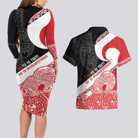 Toitu Te Tiriti Me Te Whakaputanga Couples Matching Long Sleeve Bodycon Dress and Hawaiian Shirt Maori Wahaika With Haka Face