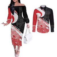 Toitu Te Tiriti Me Te Whakaputanga Couples Matching Off The Shoulder Long Sleeve Dress and Long Sleeve Button Shirt Maori Wahaika With Haka Face