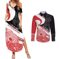 Toitu Te Tiriti Me Te Whakaputanga Couples Matching Summer Maxi Dress and Long Sleeve Button Shirt Maori Wahaika With Haka Face