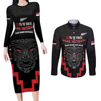 Personalised Toitu Te Tiriti Mana Maori Motuhake Couples Matching Long Sleeve Bodycon Dress and Long Sleeve Button Shirt Aotearoa Haka Face Mix Poutama Art