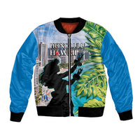 Personalised Honolulu Aloha Hawaii Bomber Jacket Tropical Leaves With Hula Girl LT14 Unisex Blue - Polynesian Pride