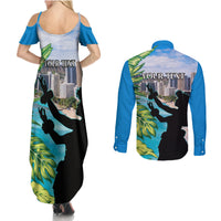 Personalised Honolulu Aloha Hawaii Couples Matching Summer Maxi Dress and Long Sleeve Button Shirt Tropical Leaves With Hula Girl LT14 - Polynesian Pride