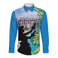 Personalised Honolulu Aloha Hawaii Long Sleeve Button Shirt Tropical Leaves With Hula Girl LT14 Unisex Blue - Polynesian Pride