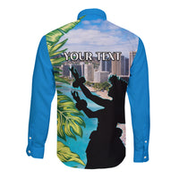 Personalised Honolulu Aloha Hawaii Long Sleeve Button Shirt Tropical Leaves With Hula Girl LT14 - Polynesian Pride
