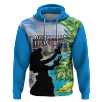 Personalised Honolulu Aloha Hawaii Zip Hoodie Tropical Leaves With Hula Girl LT14 Pullover Hoodie Blue - Polynesian Pride