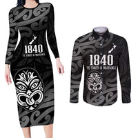 New Zealand 1840 Waitangi Day Couples Matching Long Sleeve Bodycon Dress and Long Sleeve Button Shirt Aotearoa Haka Mask - Black Version