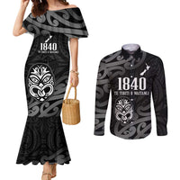 New Zealand 1840 Waitangi Day Couples Matching Mermaid Dress and Long Sleeve Button Shirt Aotearoa Haka Mask - Black Version