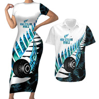New Zealand Lawn Bowls Custom Couples Matching Short Sleeve Bodycon Dress and Hawaiian Shirt Aotearoa Silver Fern Paua Shell LT14 Black - Polynesian Pride