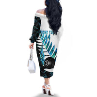 New Zealand Lawn Bowls Custom Family Matching Off The Shoulder Long Sleeve Dress and Hawaiian Shirt Aotearoa Silver Fern Paua Shell LT14 - Polynesian Pride