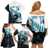 New Zealand Lawn Bowls Custom Family Matching Off Shoulder Short Dress and Hawaiian Shirt Aotearoa Silver Fern Paua Shell LT14 - Polynesian Pride