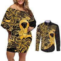 Polynesia Bone Cancer Awareness Couples Matching Off Shoulder Short Dress and Long Sleeve Button Shirt Fight Warriors