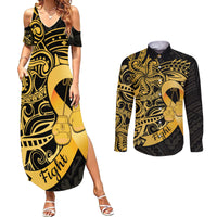Polynesia Bone Cancer Awareness Couples Matching Summer Maxi Dress and Long Sleeve Button Shirt Fight Warriors