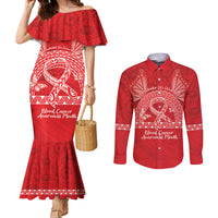 Personalised In September We Wear Red Couples Matching Mermaid Dress and Long Sleeve Button Shirt Polynesia Blood Cancer Awareness LT14 Red - Polynesian Pride