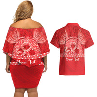 Personalised In September We Wear Red Couples Matching Off Shoulder Short Dress and Hawaiian Shirt Polynesia Blood Cancer Awareness