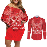 Personalised In September We Wear Red Couples Matching Off Shoulder Short Dress and Long Sleeve Button Shirt Polynesia Blood Cancer Awareness LT14 Red - Polynesian Pride