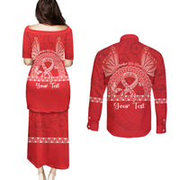 Personalised In September We Wear Red Couples Matching Puletasi and Long Sleeve Button Shirt Polynesia Blood Cancer Awareness LT14 - Polynesian Pride