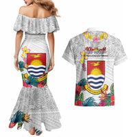 Kiribati Independence Day Couples Matching Mermaid Dress and Hawaiian Shirt Frigatebird Mix Tropical Flowers - White Style LT14 - Polynesian Pride