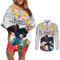 Kiribati Independence Day Couples Matching Off Shoulder Short Dress and Long Sleeve Button Shirt Frigatebird Mix Tropical Flowers - White Style LT14 White - Polynesian Pride