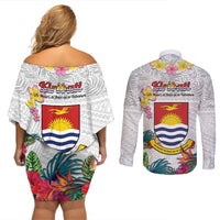 Kiribati Independence Day Couples Matching Off Shoulder Short Dress and Long Sleeve Button Shirt Frigatebird Mix Tropical Flowers - White Style LT14 - Polynesian Pride
