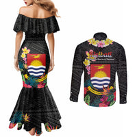 Kiribati Independence Day Couples Matching Mermaid Dress and Long Sleeve Button Shirt Frigatebird Mix Tropical Flowers - Black Style LT14 - Polynesian Pride