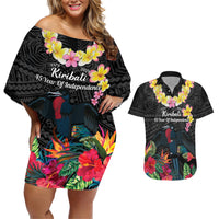 Kiribati Independence Day Couples Matching Off Shoulder Short Dress and Hawaiian Shirt Frigatebird Mix Tropical Flowers - Black Style LT14 Black - Polynesian Pride
