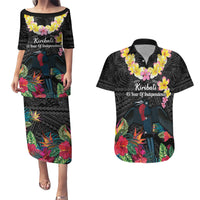 Kiribati Independence Day Couples Matching Puletasi and Hawaiian Shirt Frigatebird Mix Tropical Flowers - Black Style LT14 Black - Polynesian Pride
