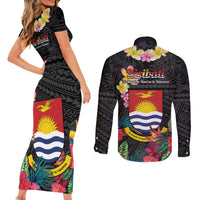 Kiribati Independence Day Couples Matching Short Sleeve Bodycon Dress and Long Sleeve Button Shirt Frigatebird Mix Tropical Flowers - Black Style