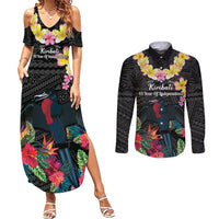 Kiribati Independence Day Couples Matching Summer Maxi Dress and Long Sleeve Button Shirt Frigatebird Mix Tropical Flowers - Black Style LT14 Black - Polynesian Pride