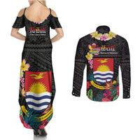 Kiribati Independence Day Couples Matching Summer Maxi Dress and Long Sleeve Button Shirt Frigatebird Mix Tropical Flowers - Black Style LT14 - Polynesian Pride