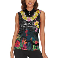 Kiribati Independence Day Women Sleeveless Polo Shirt Frigatebird Mix Tropical Flowers - Black Style