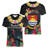 Kiribati Independence Day Women V-Neck T-Shirt Frigatebird Mix Tropical Flowers - Black Style